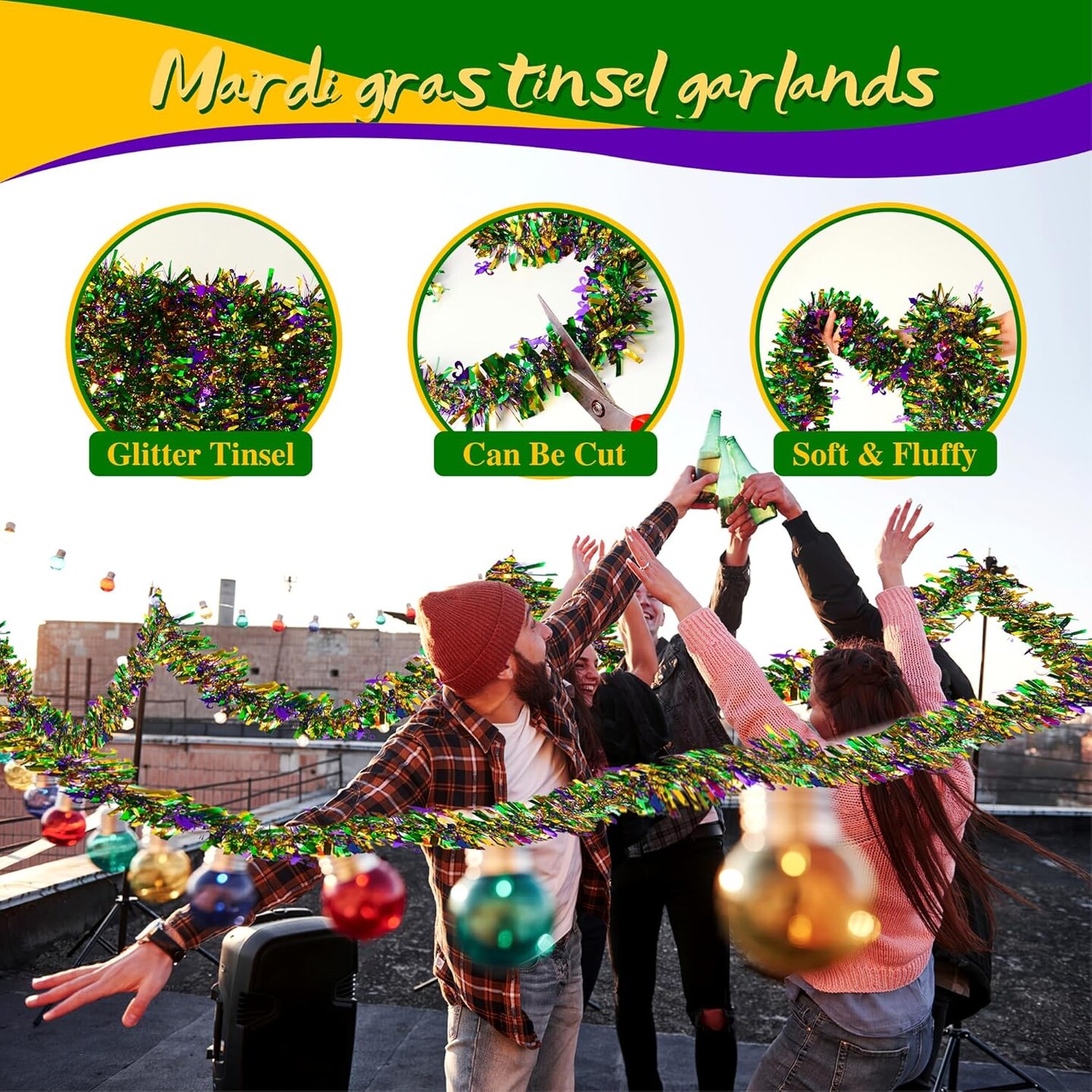 33 Ft Mardi Gras Tinsel Garland – Purple, Green & Gold Metallic Party Decor