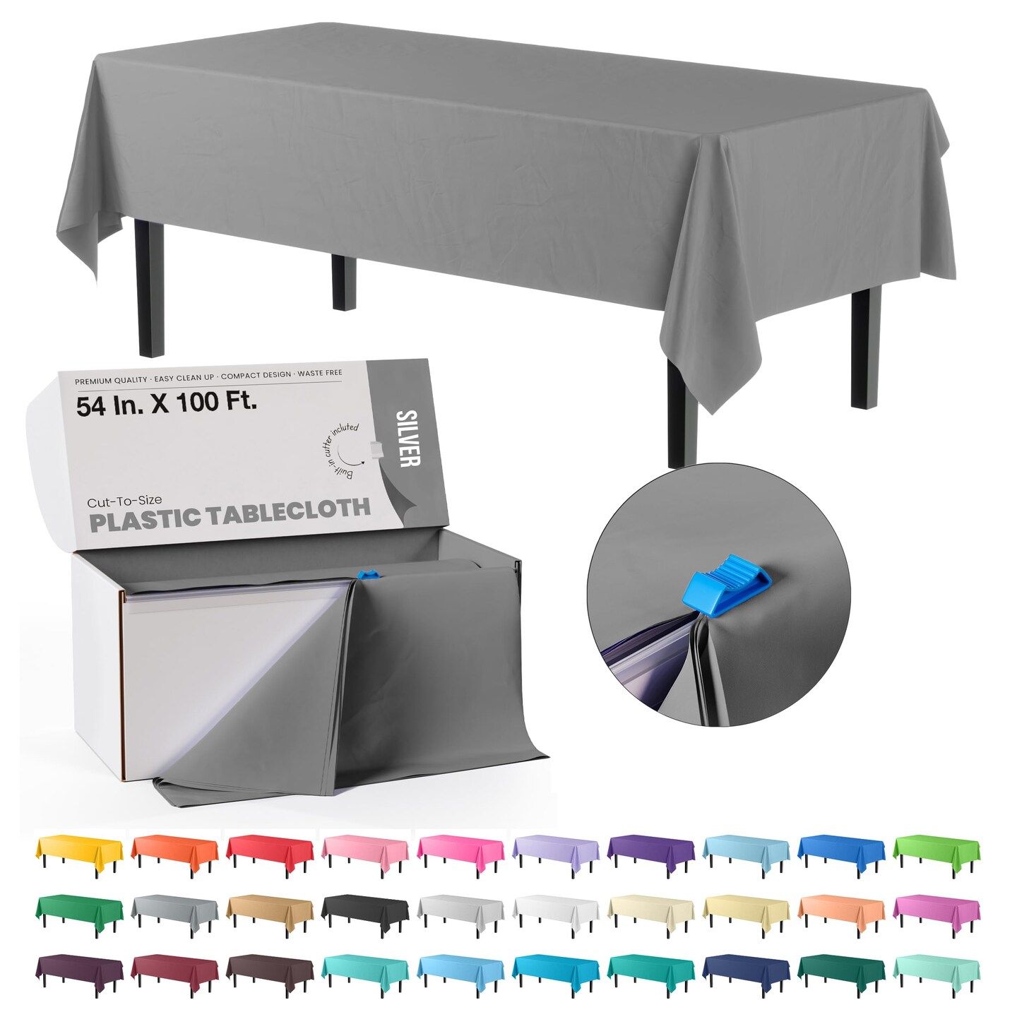 Exquisite Party Solids 54" x 100' Plastic Table Cover Roll with Slide Cutter – Cut-to-Size Dispenser Box – Makes Up to 12 Disposable 8' Rectangle Tablecloths