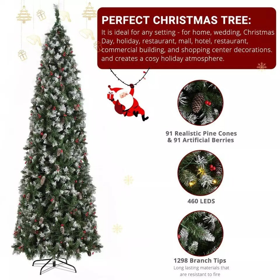 9Ft Pre-lit Artificial Pencil Christmas Tree Snow Flocked with 460 LED Lights