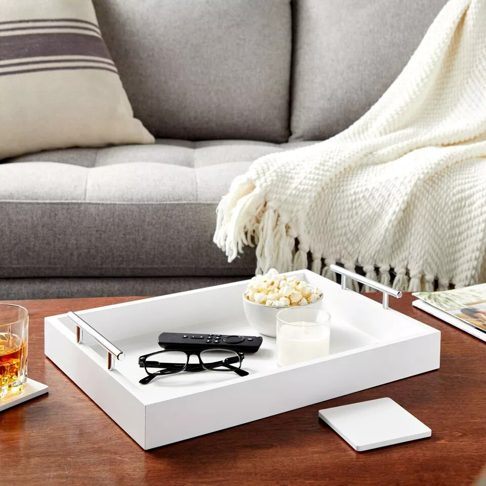 Wooden Coffee Table Serving Tray with Handles and Coasters for Ottoman White