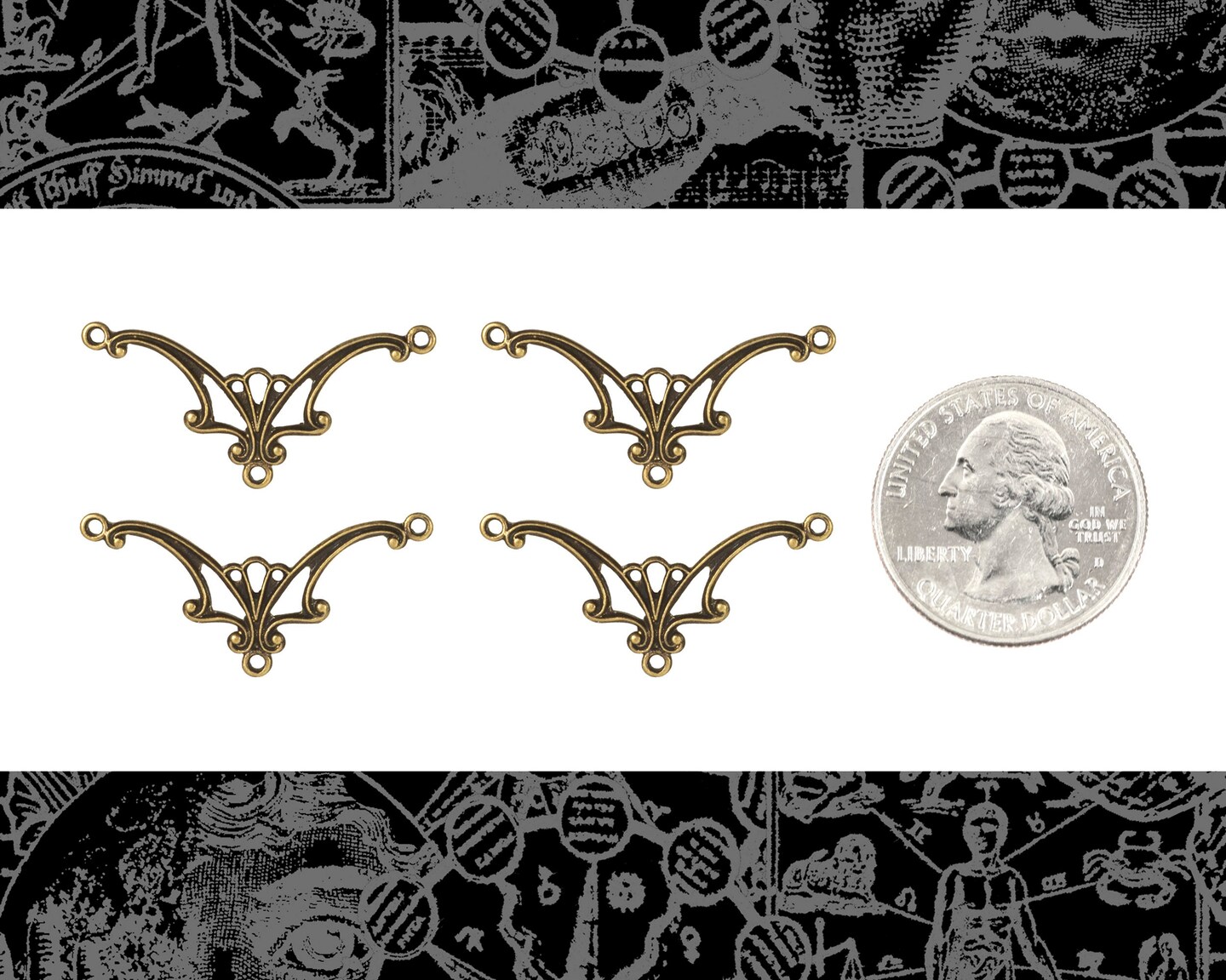 Antiqued Brass Art Deco Arch Connectors - Set of Four - AB-3C40