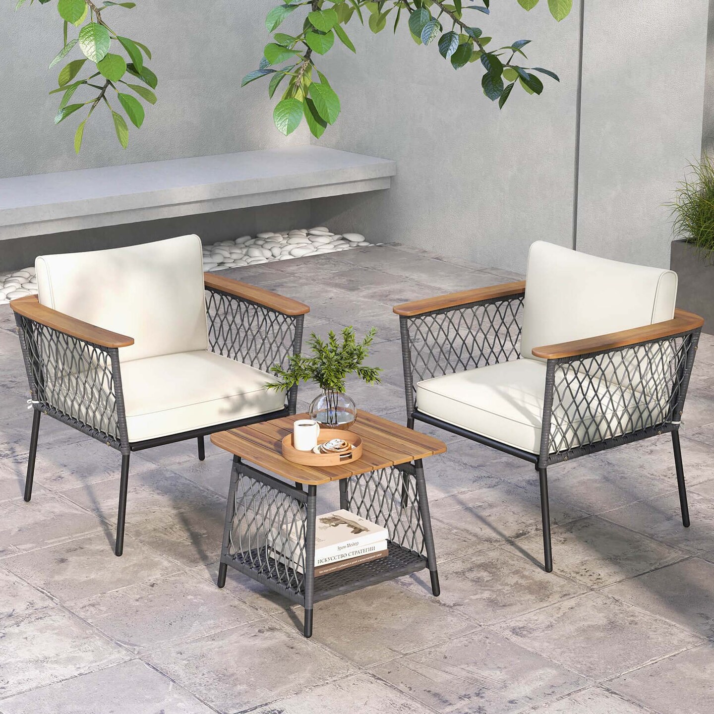 Costway 3 PCS Patio Furniture Set with 2-Tier Coffee Table Acacia Wood Armrests Tabletop