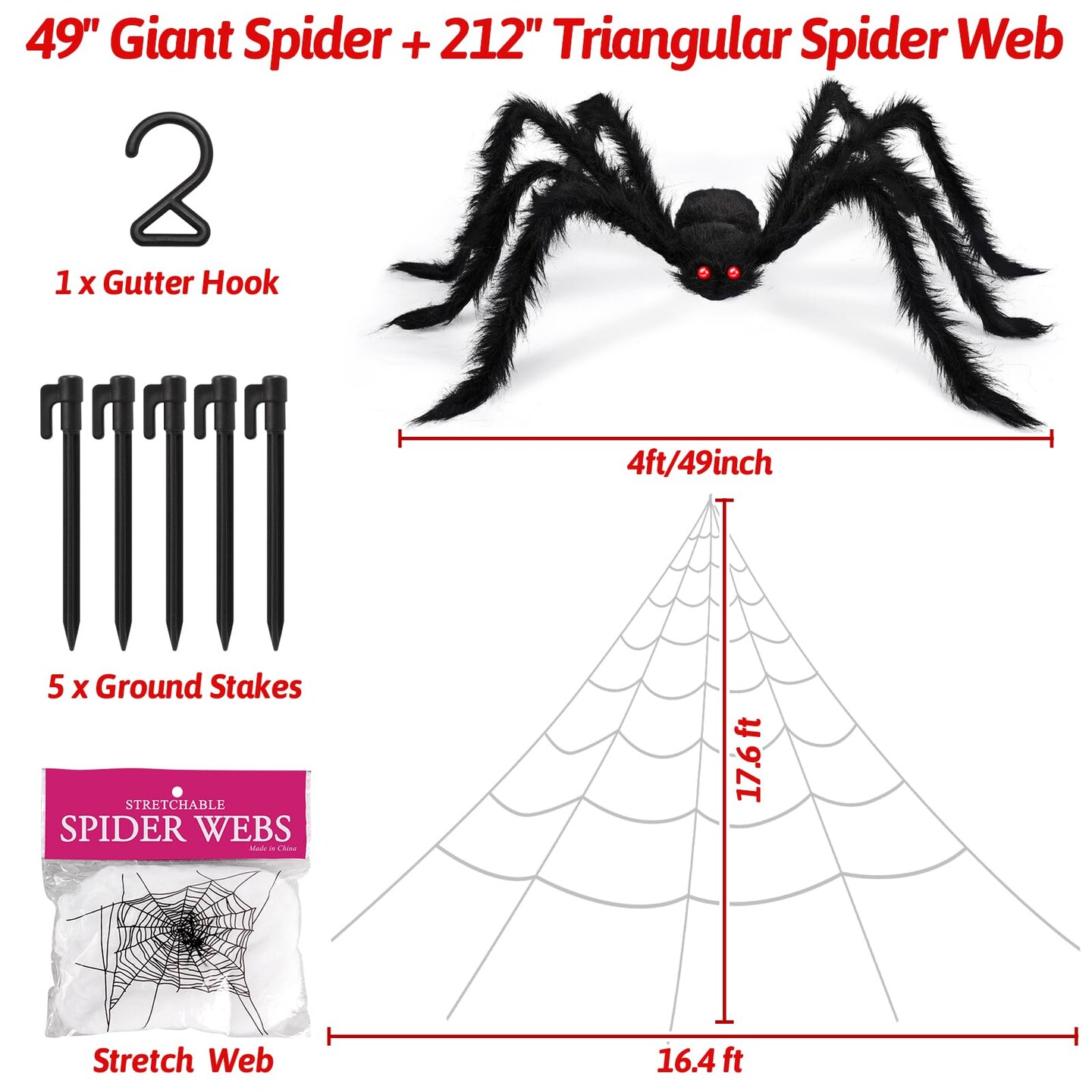 3 Pieces Halloween Spider Decorations Giant Spider Huge Spider Web Stretch Web Component of Huge Spider and Mega Spider Web Halloween Party Supplies Yard Halloween Outdoor D&#xE9;cor Haunted Decoration