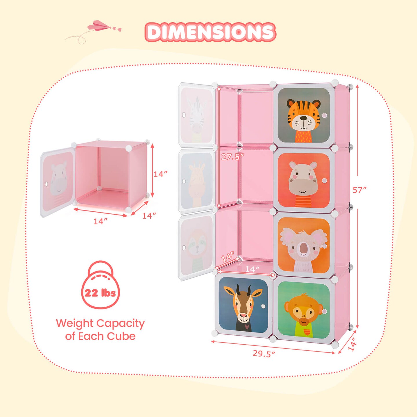 Costway 8-Cube Kids Wardrobe Baby Dresser Bedroom Armoire Clothes Hanging Closet with Doors Blue/Pink/White