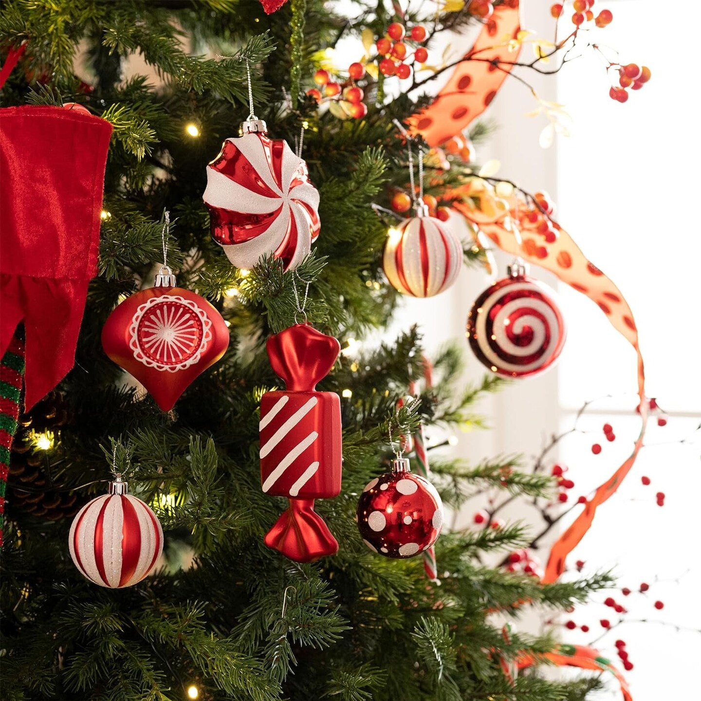 Christmas Ornaments Set, 108Ct Candy Cane Red and White Shatterproof Christmas Tree Decorations Ball Ornaments Bulk, Decorative Hanging Ornaments for Xmas Trees Holiday Party Decor
