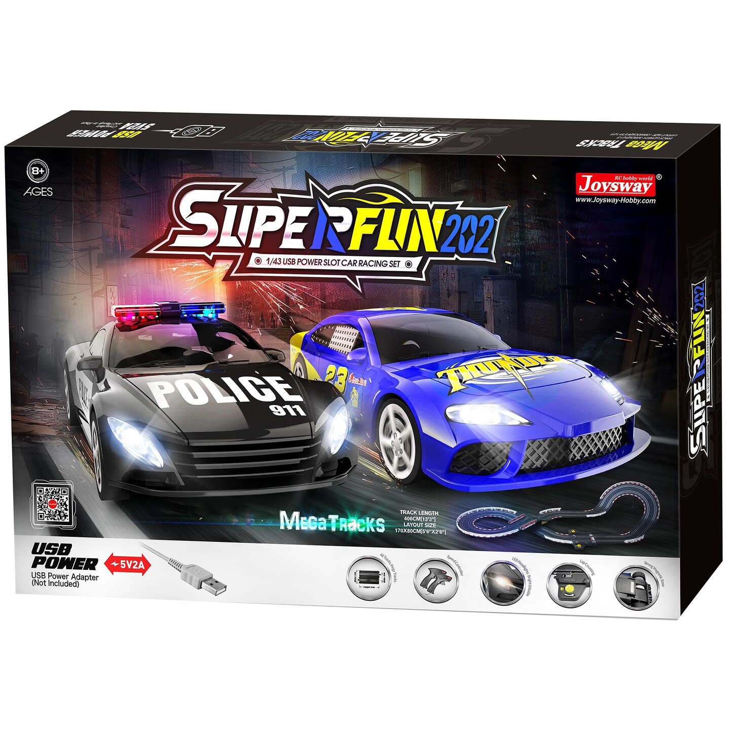 Joysway: SuperFun 202 - 1/43 USB Power Slot Car Racing Set, Layout Size: 66&#x22;x30&#x22;, LED Headlights, Lap Counter, Ages 8+