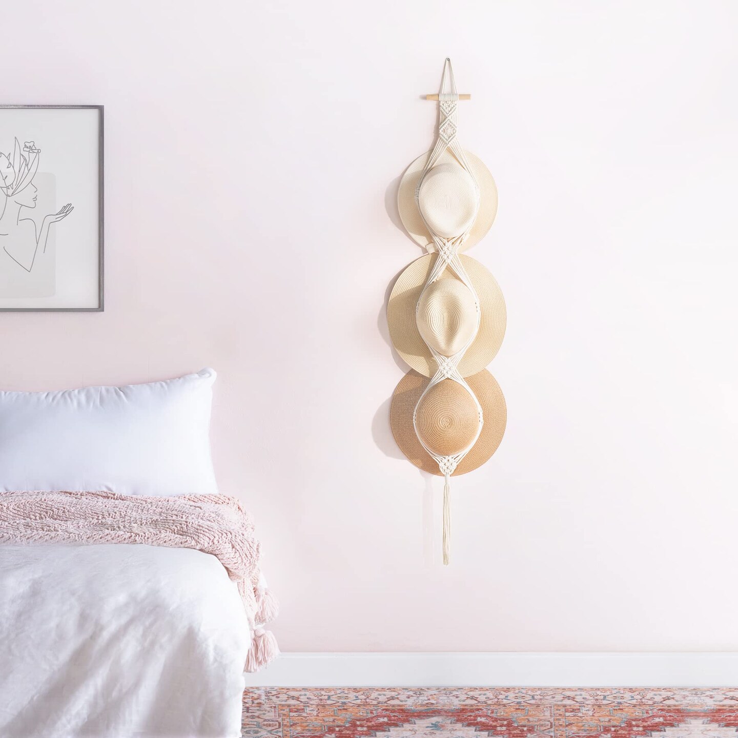 Macrame Hat Hangers Hat Rack for Wall Cowboy Hat Organizer Hanging Display Hand Weaving Bobo Hat Holder Western Decor for Wide Brim Hats Bowler Fedora Hats