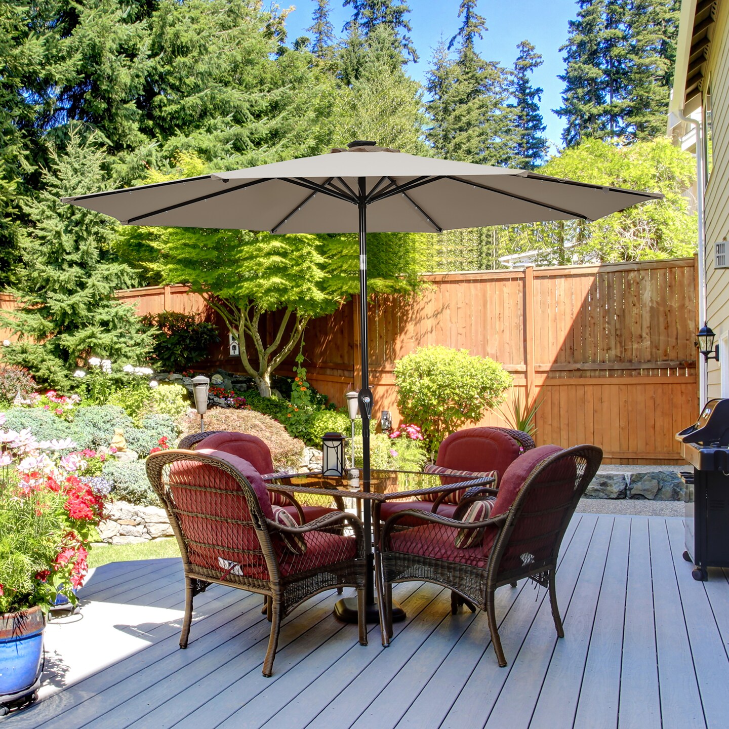 Costway 10' Solar LED Lighted Patio Market Umbrella Shade Tilt Adjustment Crank Tan/Beige/Blue/Navy/Burgundy/Gray