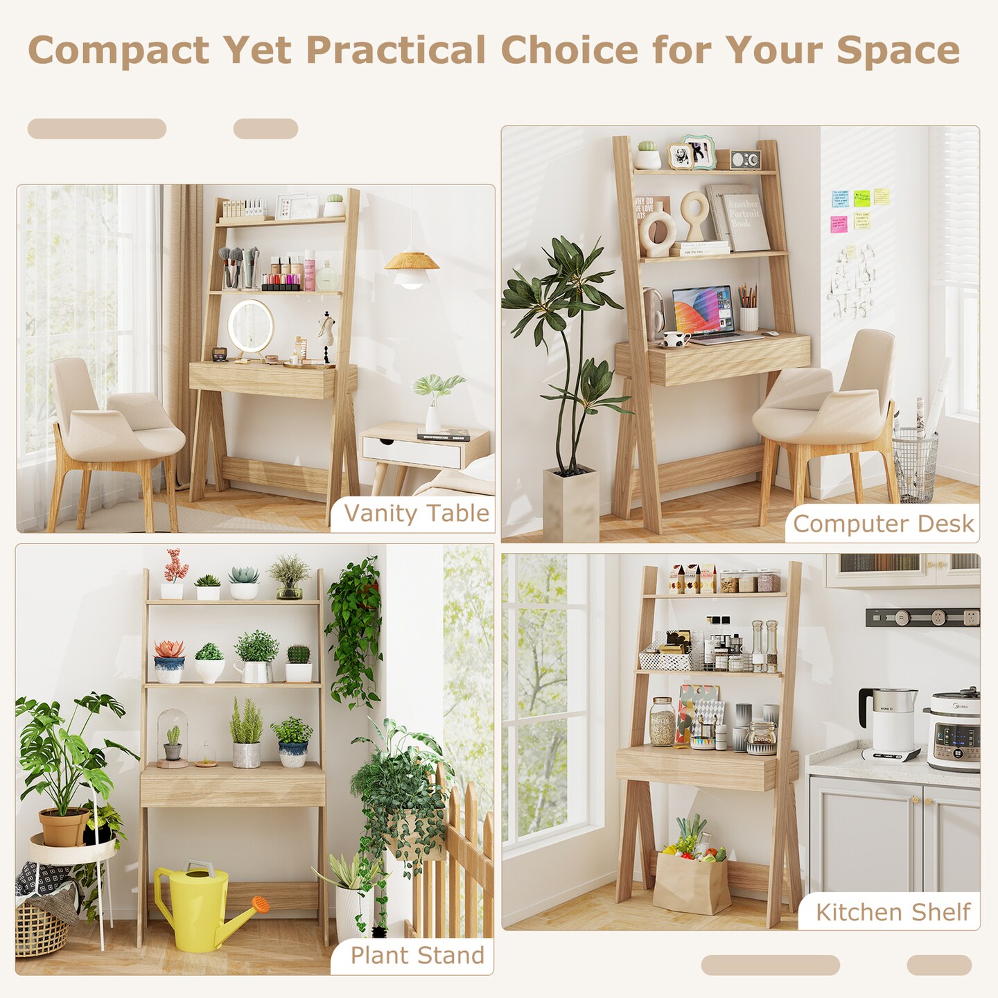 Costway Home Office Ladder Desk Wall-Leaning Laptop Workstation with Storage Shelves Natural/White/Walnut