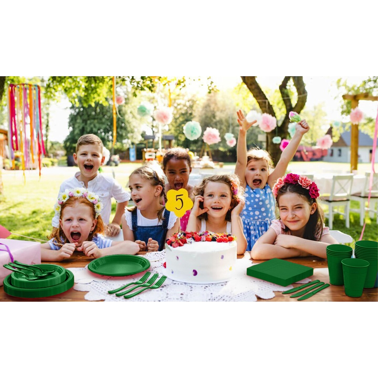 Exquisite 350 Pcs Plastic Plates for Party – Disposable Plates Set – 50 Each of 9" Dinner Plates, 7" Dessert Plates, Plastic Cups, Napkins & Plastic Cutlery – Plastic Dinnerware by Party Solids