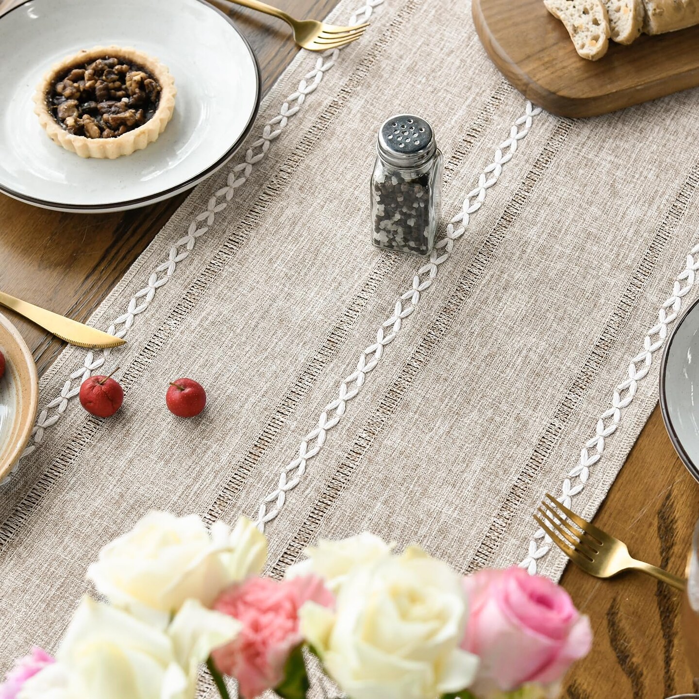 Brown Rustic Cotton Linen Table Runner – Seasonal Embroidered Hollow Design, Kitchen & Dining Table Decoration for Home Party, 13x72 Inch
