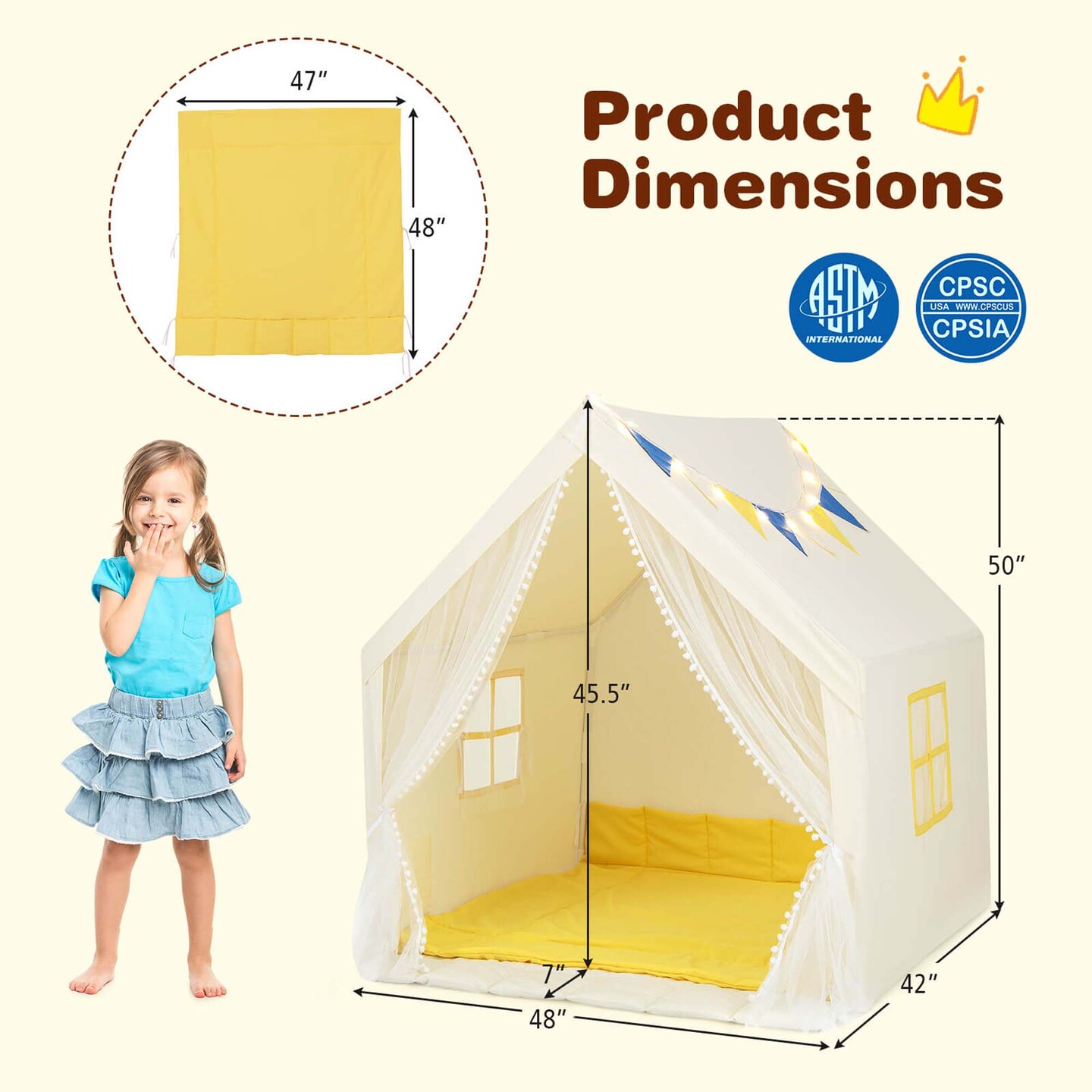 Costway Large Play Tent  Kids &#x26; Toddlers Playhouse with Washable Cotton Mat, Star Lights