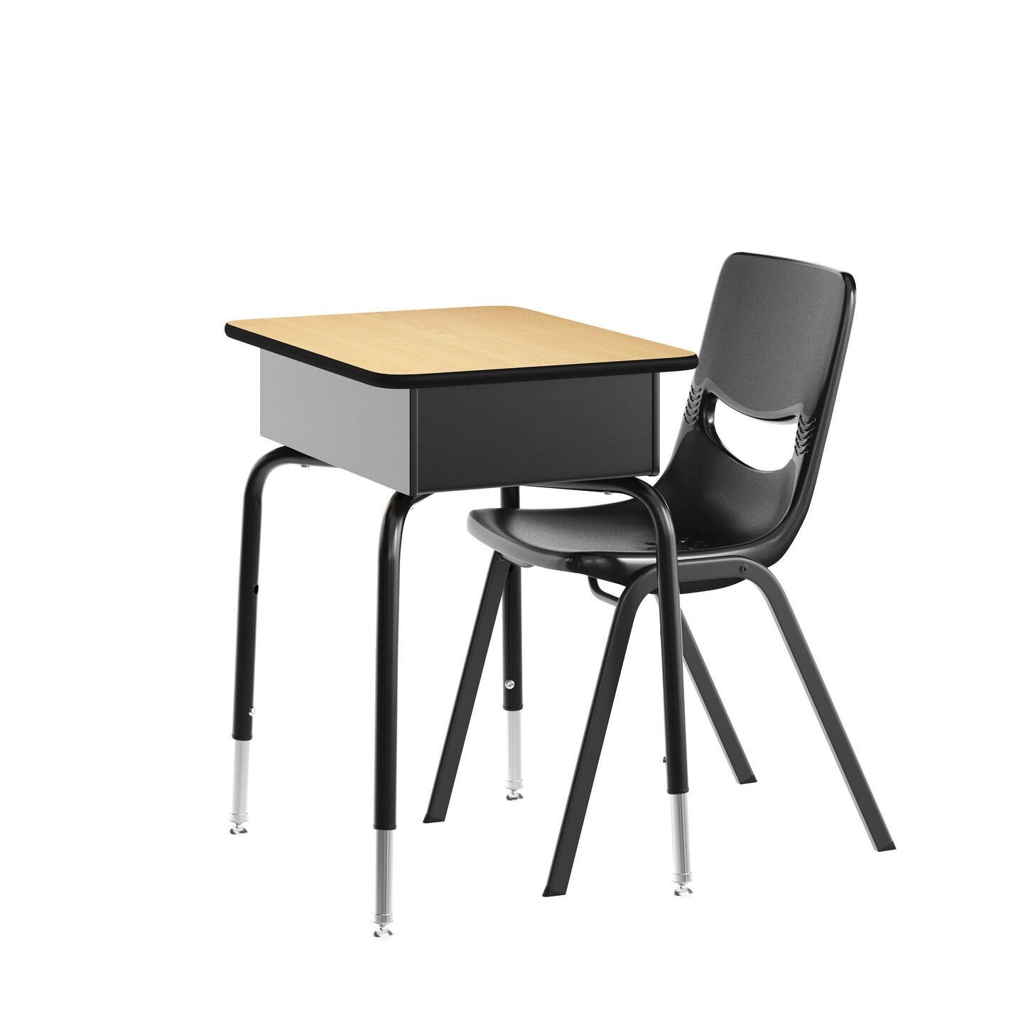 Emma and Oliver Jacobs Desk/Chair Set with Metal Open Front Storage Box, Desktop, Metal Frame and Stackable Flex Comfort Classroom Chair