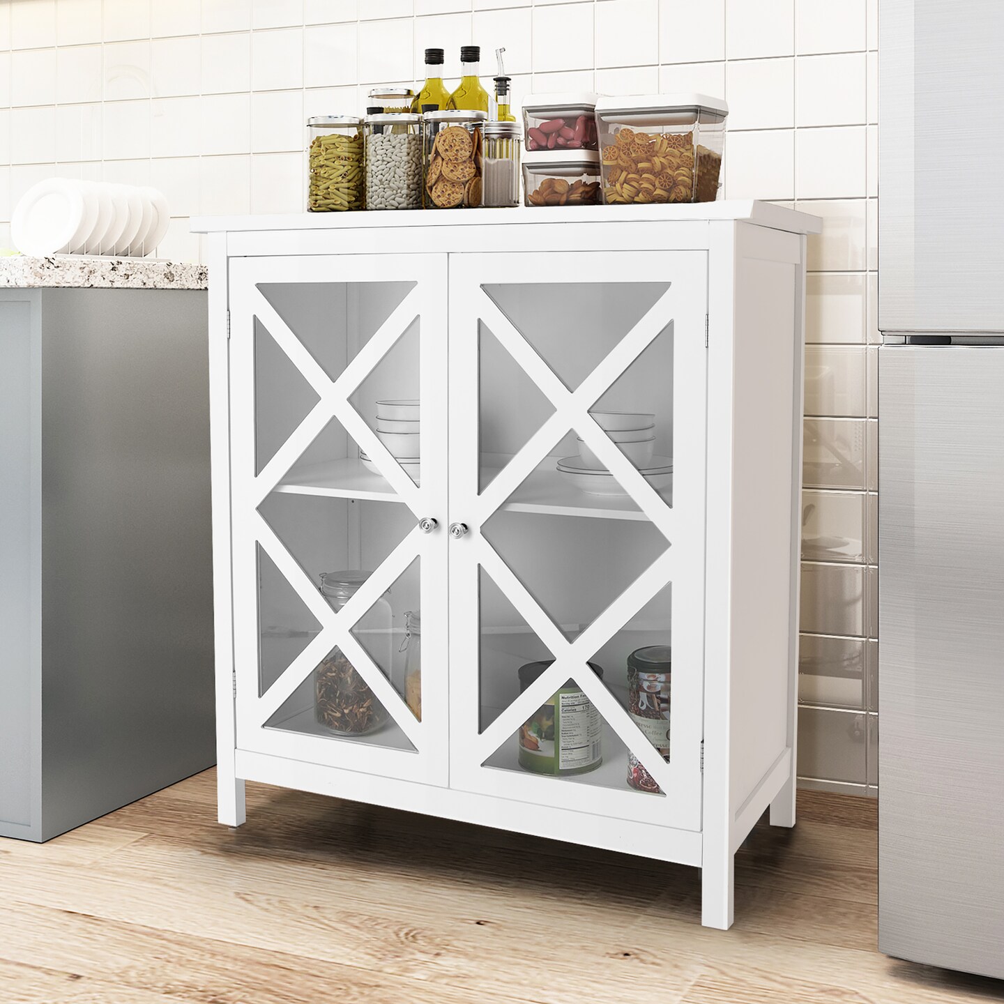 Costway Kitchen Buffet Sideboard Storage Cabinet w/Glass Doors & Adjustable Shelf White\Brown