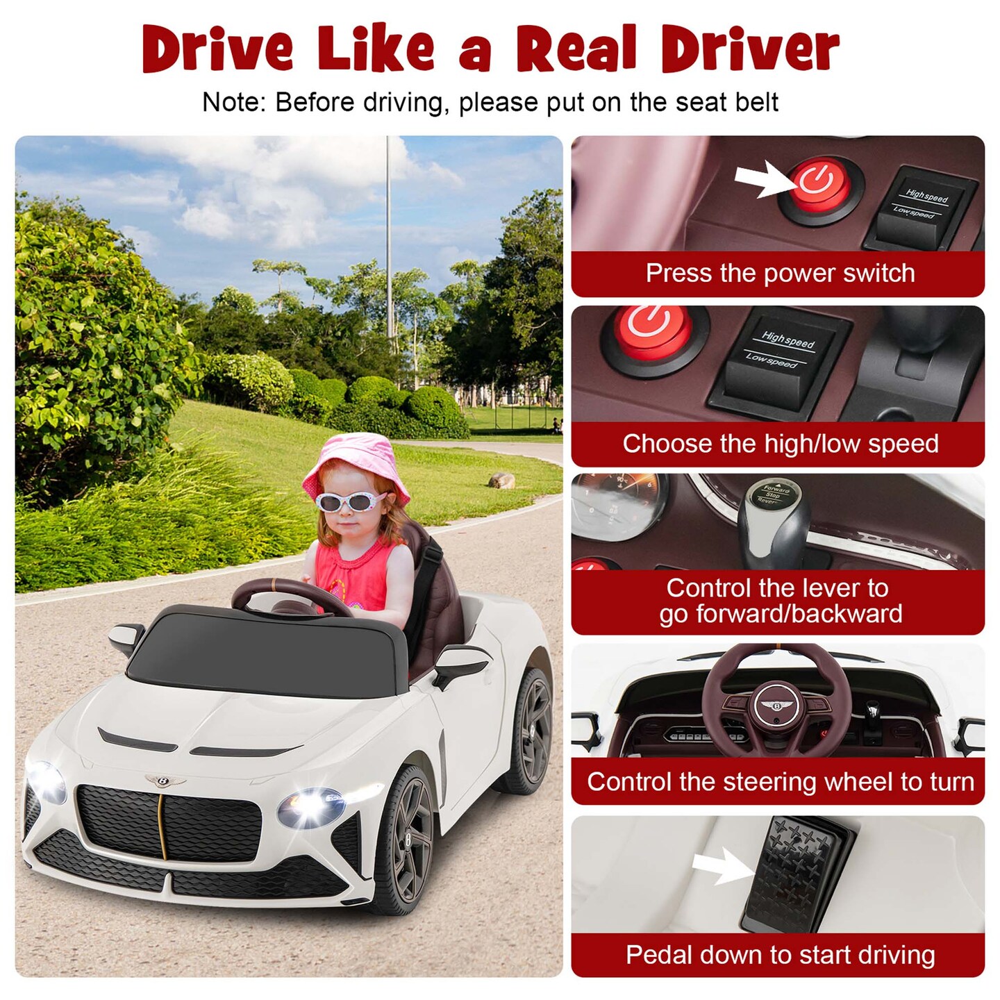 Costway 12V Licensed Bentley Bacalar Kids Electric Ride-on Car with Remote Control Green/Red/White/Black