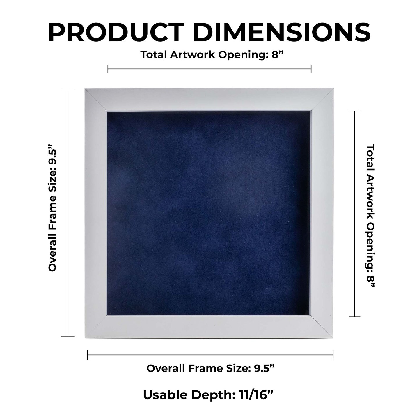 Classic White Wood Shadown Box Frame with Acrylic Front - Navy Blue Suede Backing, 30 Sizes