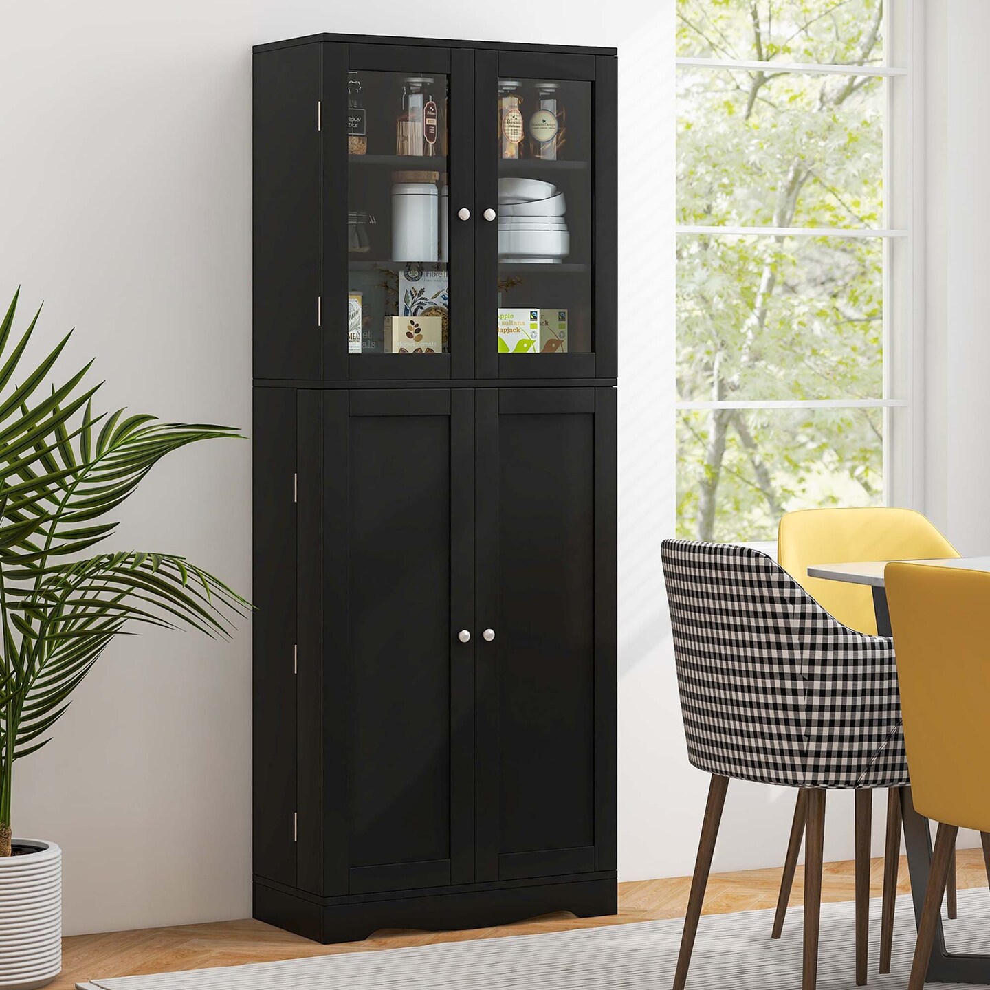 Costway 63.5&#x22; Tall Kitchen Pantry Storage Cabinet with Glass Door Storage Shelves Black/White