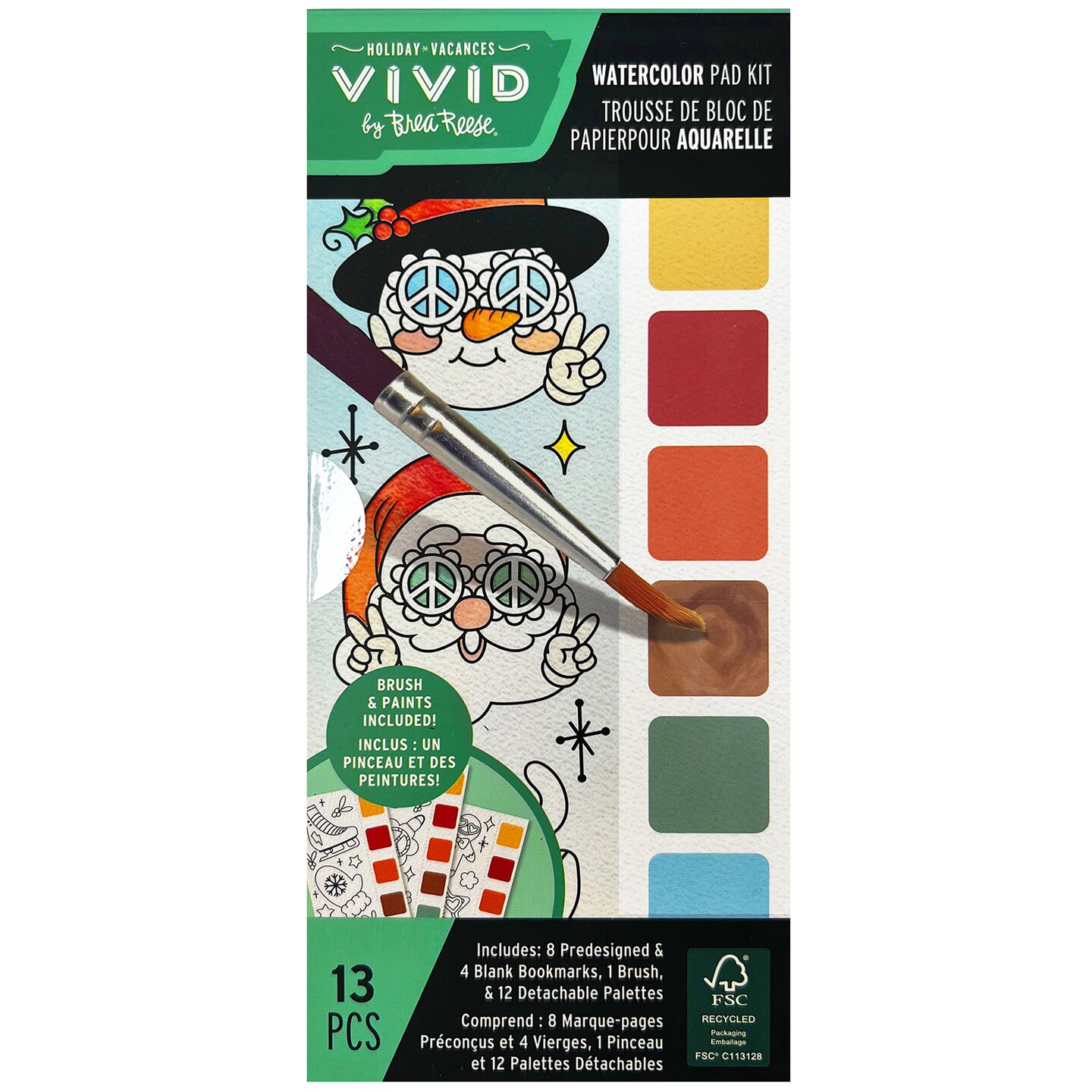 Vivid by Brea Reese: Watercolor Bookmark Pad - Frosty - 8 Snowman Christmas Designs, 4 Blank Sheets, Detachable Paint Palettes, Adult DIY Art Activity