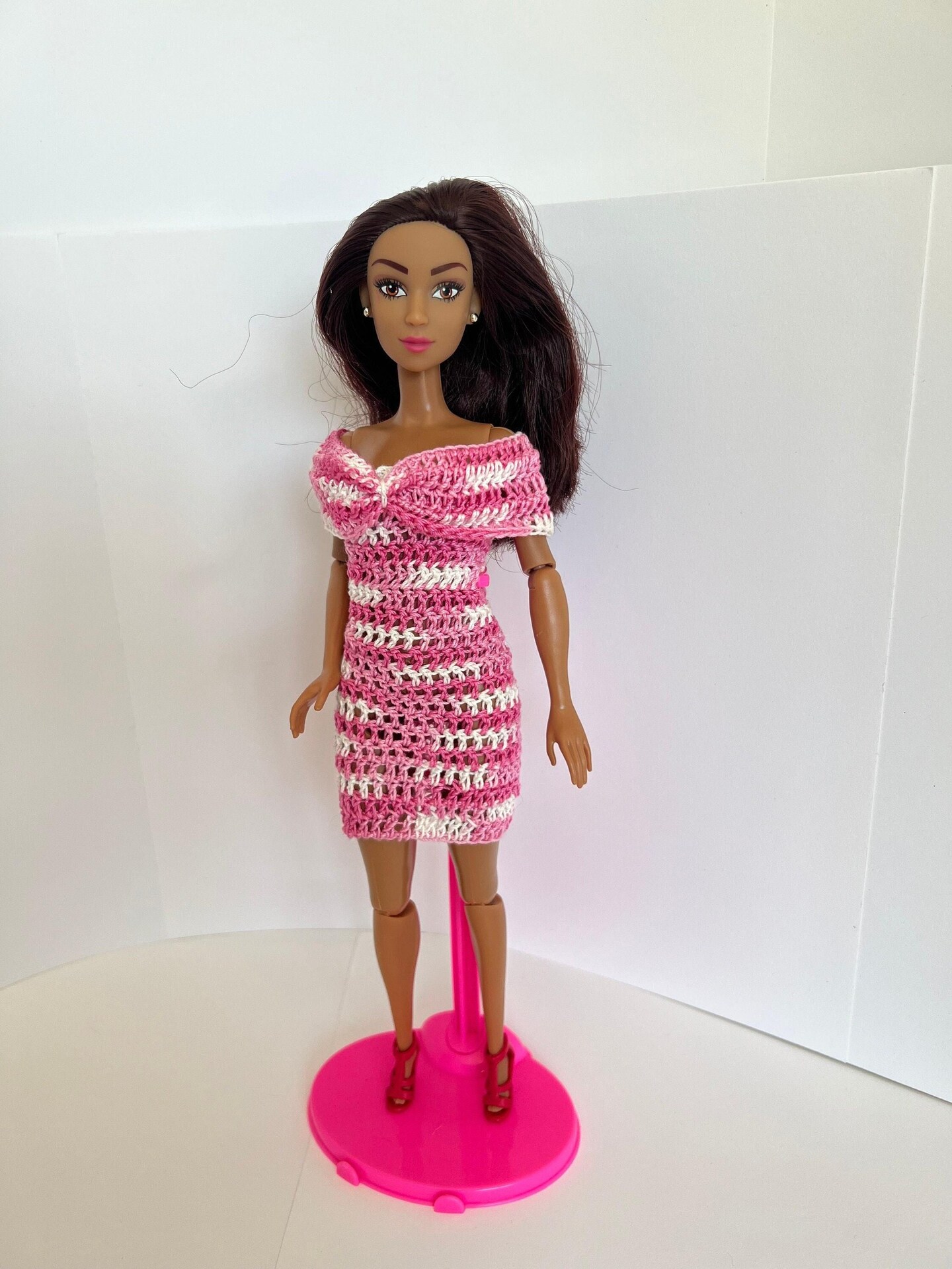 Crochet Off the Shoulder Pink Dress Made for 11.5 inch Fashion Dolls post 2000s Handmade 1 6 Scale MakerPlace by Michaels