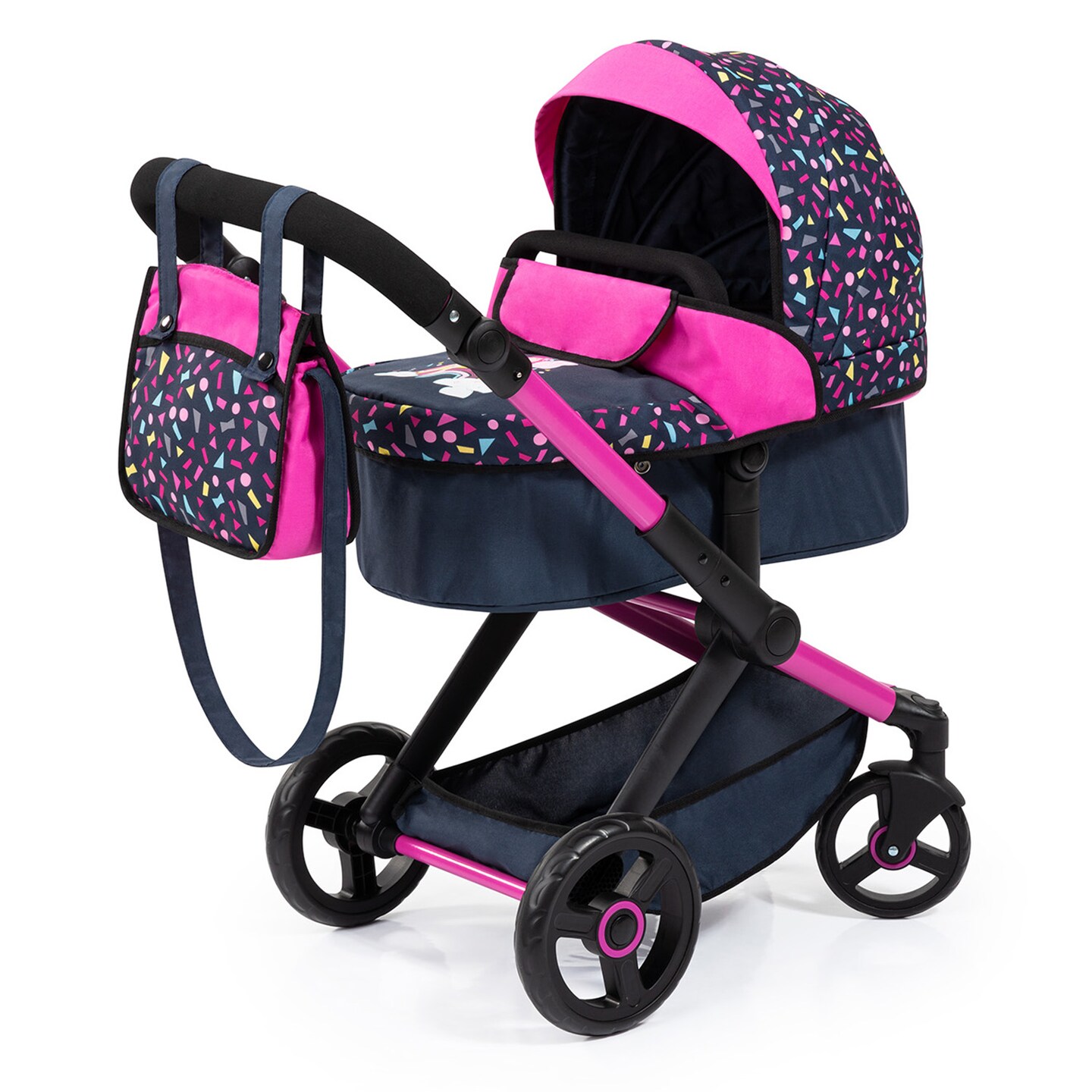 Bayer: Pram Xeo: Shapes Navy & Pink - Matching Handbag, Adjustable Handle, for Dolls Up to 20", Ages 3+