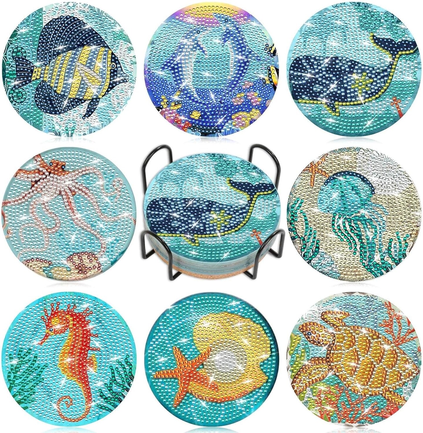 8 Pieces Diamond Art Painting Coasters Kit with Holder - Ocean Style