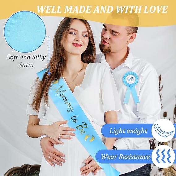 2 Pack Blue Baby Shower Sash Mom to Be Sash Baby Shower Mommy And Daddy To Be Badge Decorations Gender Reveal Props