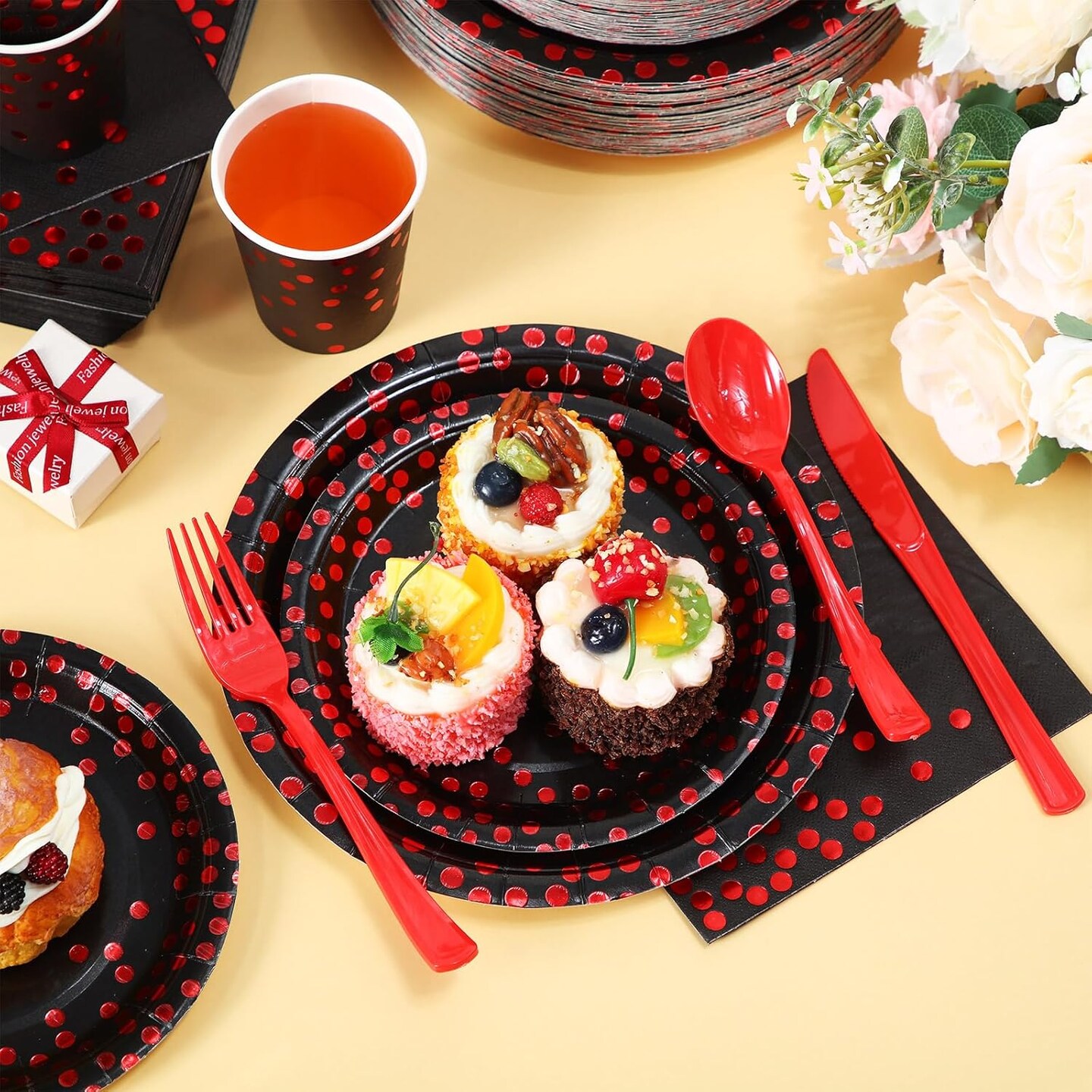 560 Pcs Black and Red Party Supplies for 80 Guests - Disposable Dinnerware Set with Black and Red Paper Plates, Napkins, Cups, Plastic Forks, Knives and Spoons