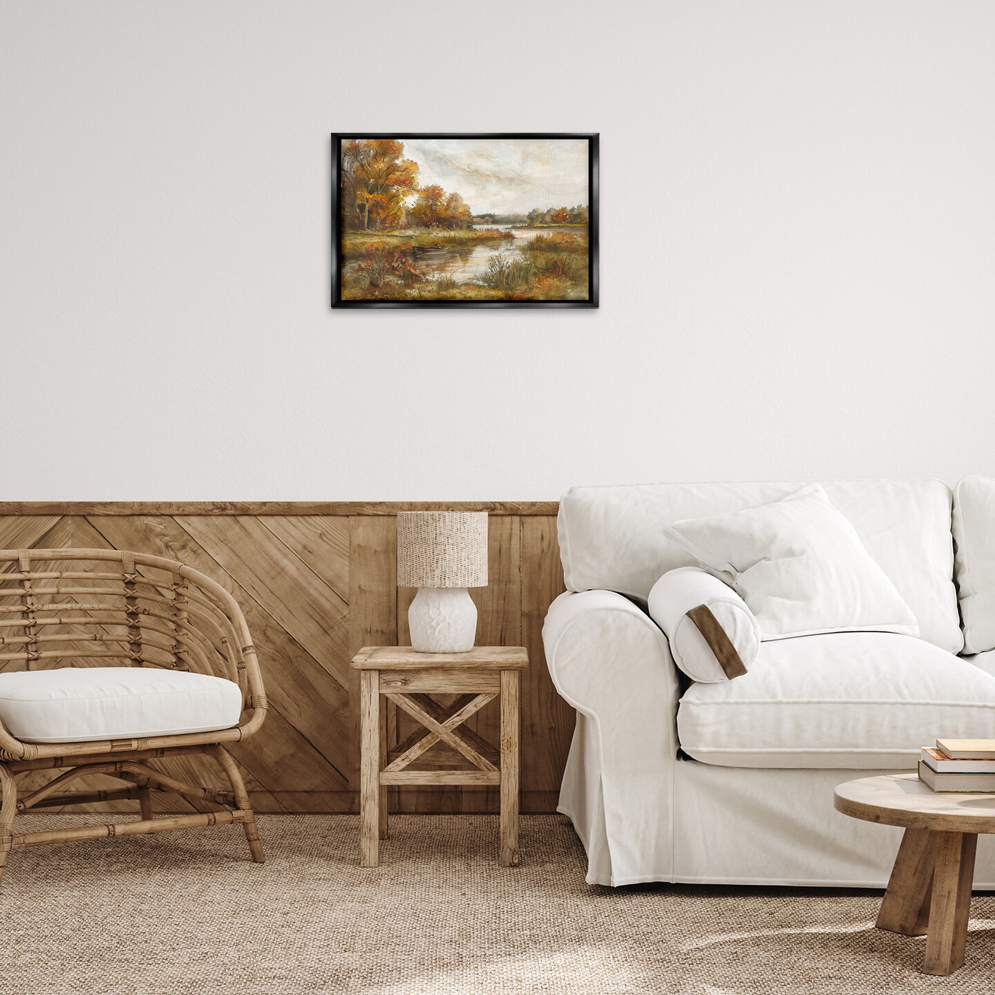 Stupell Industries Fall Scenic River Boat Floater Framed Canvas Wall Art Design by LSR Design Studio