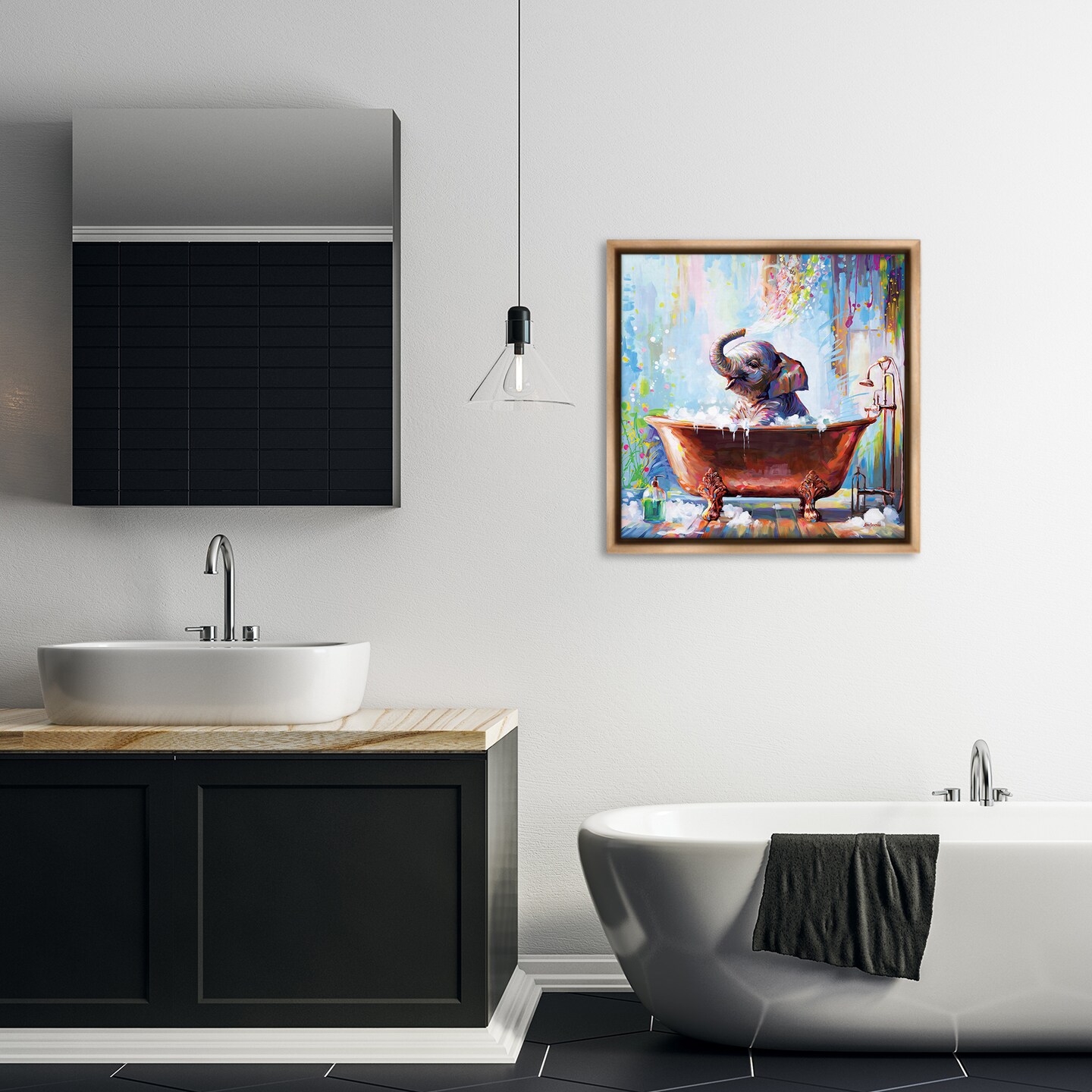 Stupell Industries Splashing Baby Elephant Floater Framed Canvas Wall Art Design by Leon Devenice
