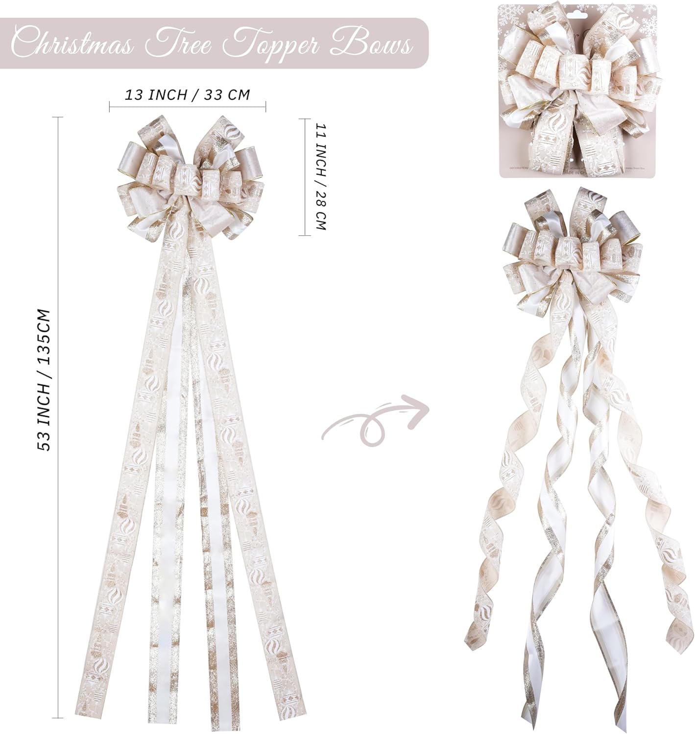 Ivory and Champagne Gold Christmas Tree Topper Bows 13 x 53 Inch Large Christmas Bows with Streamer and Bauble Patterns Decorative Bows for Xmas Tree Wreaths Door Staircase Home Decor