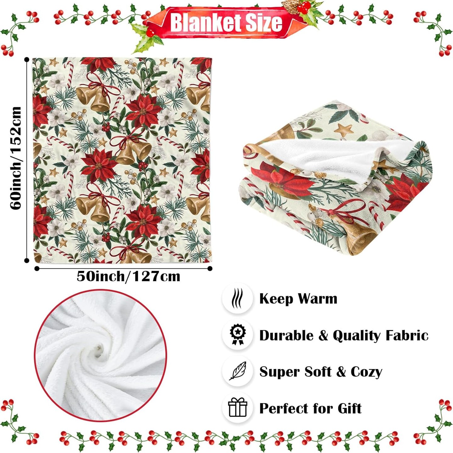Christmas Throw Blanket, Luxury Soft Xmas Bell Flannel Blanket with Poinsettia Flower Candy Cane Star Pattern, Cozy Fluffy Red Green Gold Christmas Plush Fleece Blanket for Couch Winter