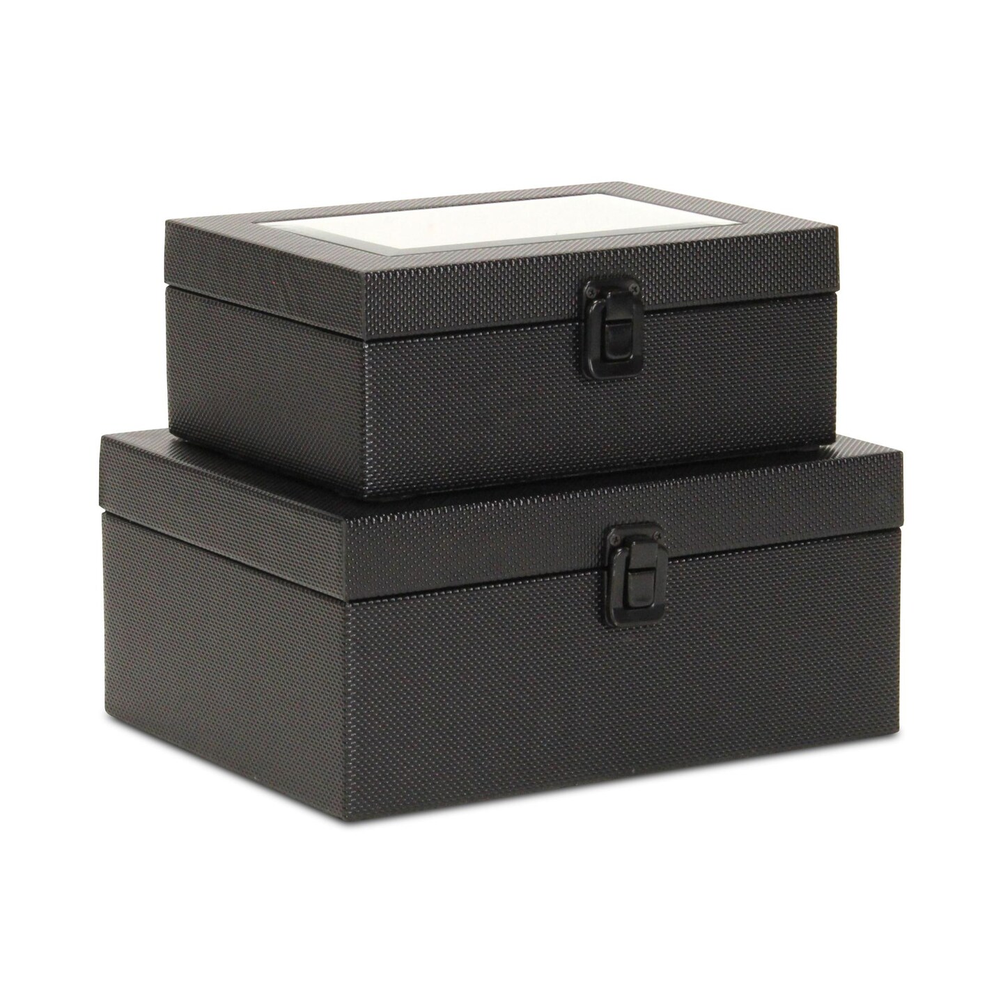 Contemporary Home Living Woven Pattern Mirrored Storage Box Set - 10.25&#x22; - Black - Set of 2