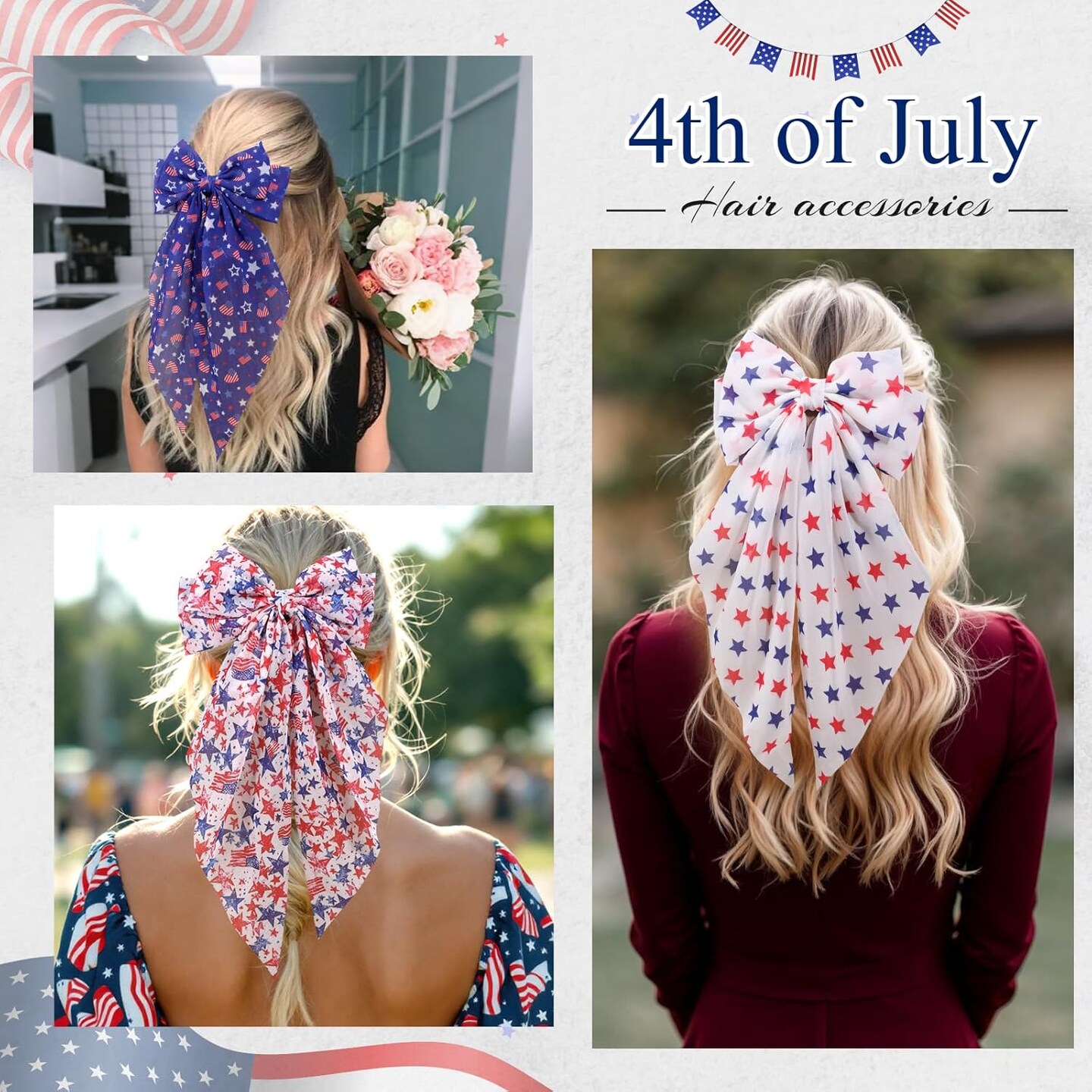 4th of July American Flag Hair Bows for Women, 3PCS Big Ribbon Bow Hair Clips for Girls, Patriotic Long Tail Accessories for Girls