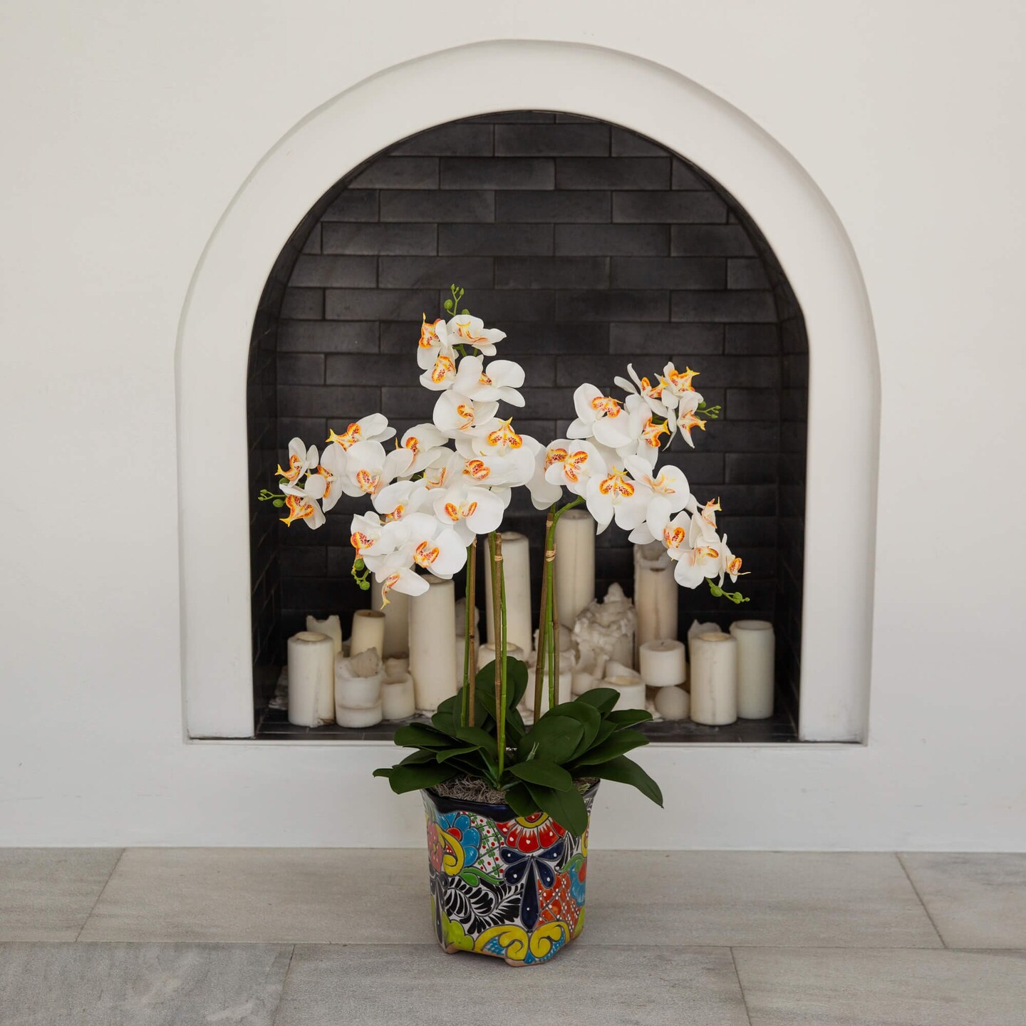 Nearly Natural Orchid Artificial Floral Arrangement with Mexican Talavera Planter - 36&#x22; - White