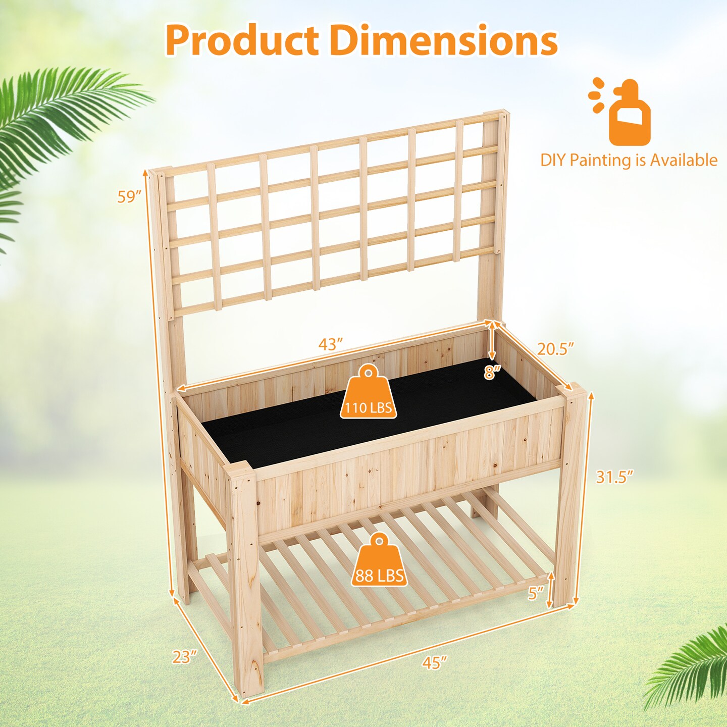 Fir Wood Raised Garden Bed with Trellis and Storage Shelf, 3-in-1 Design