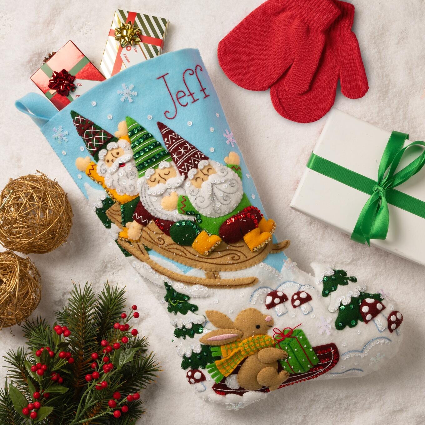 Bucilla Felt Stocking Applique Kit 18&#x22; Long-Gnomes On The Go