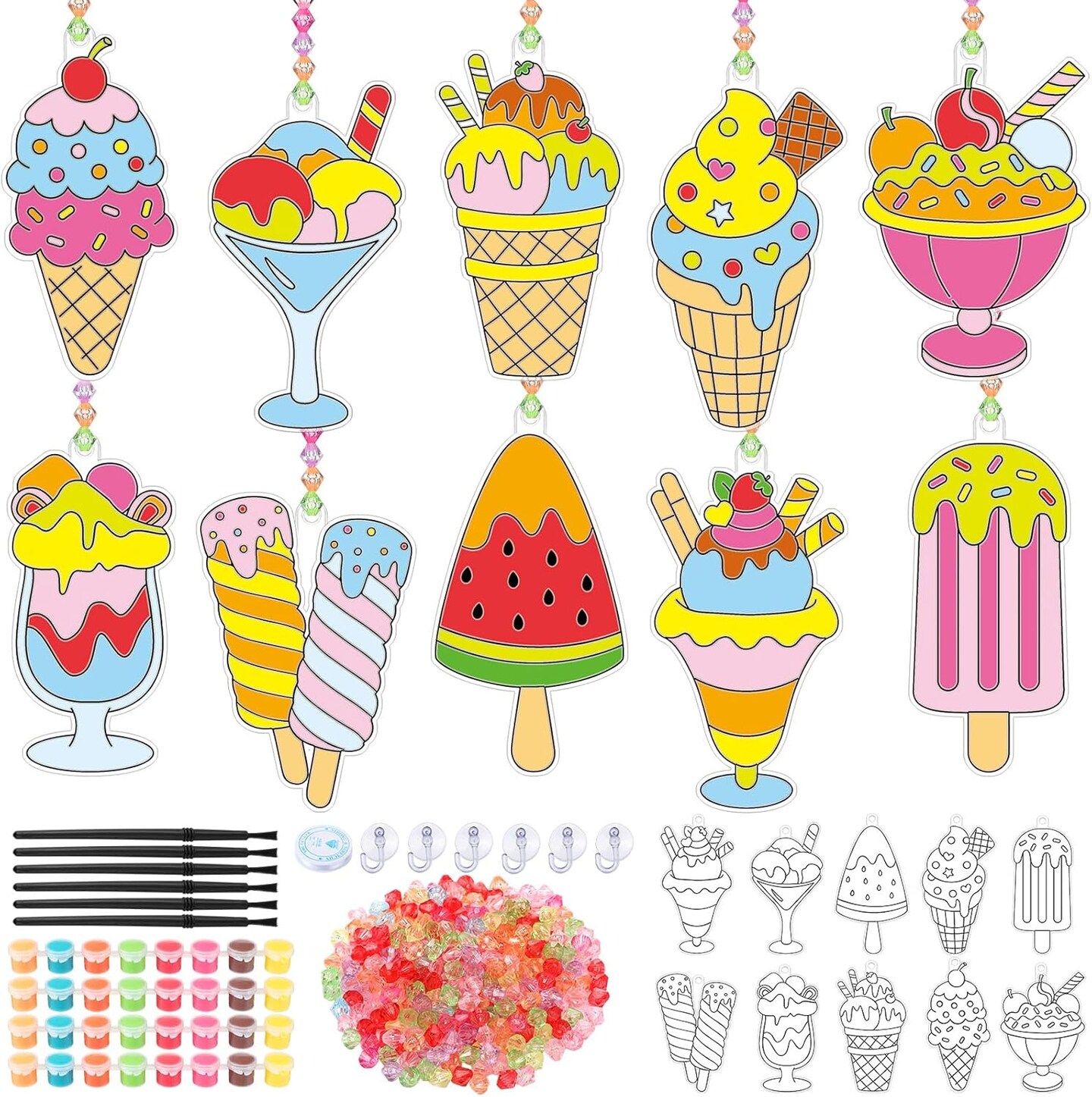 30 Sets Summer Suncatchers Window Art Drawing Kits DIY Ice Cream Sun Catcher Crafts Bulk Paint Your Own Window Hanging Ornaments