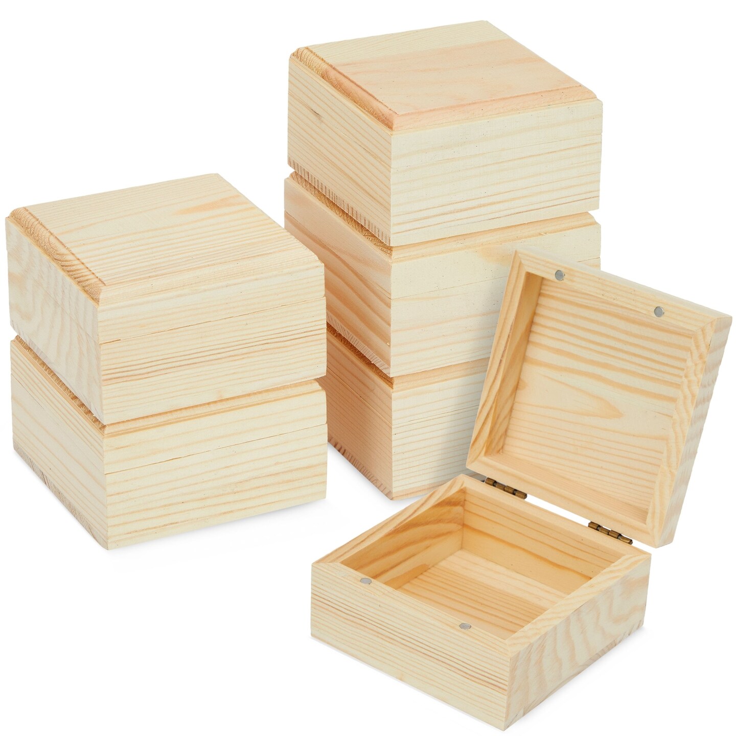 6 Pack Unfinished Wooden Boxes with Hinged Lids, Pinewood Magnetic Wood Box for Crafts, Jewelry Storage (3.5 x 3.5 x 2 In)