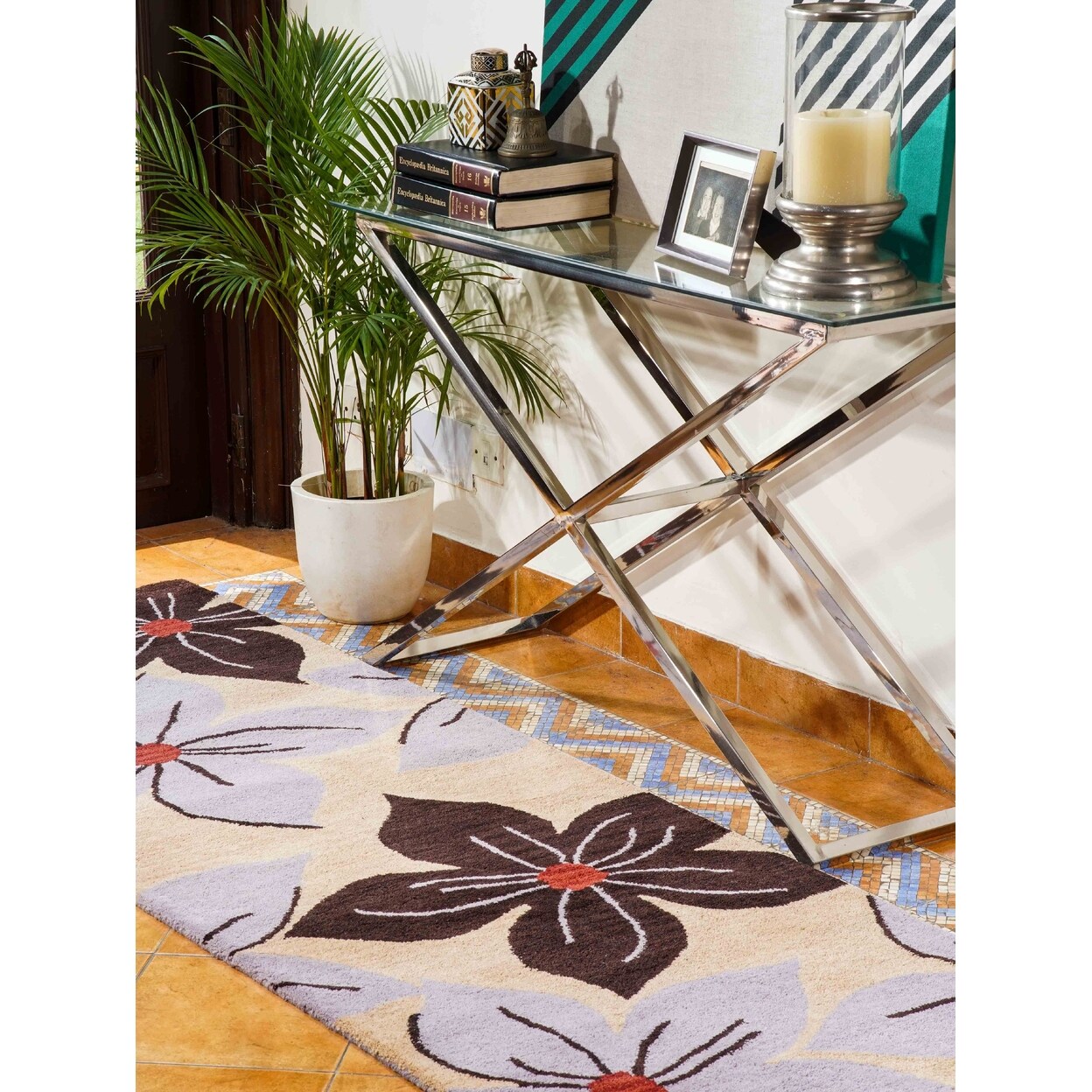 Hand Tufted Wool Area Rug Floral Cream K00926 5X8 Eco-Friendly Soft High-Pile