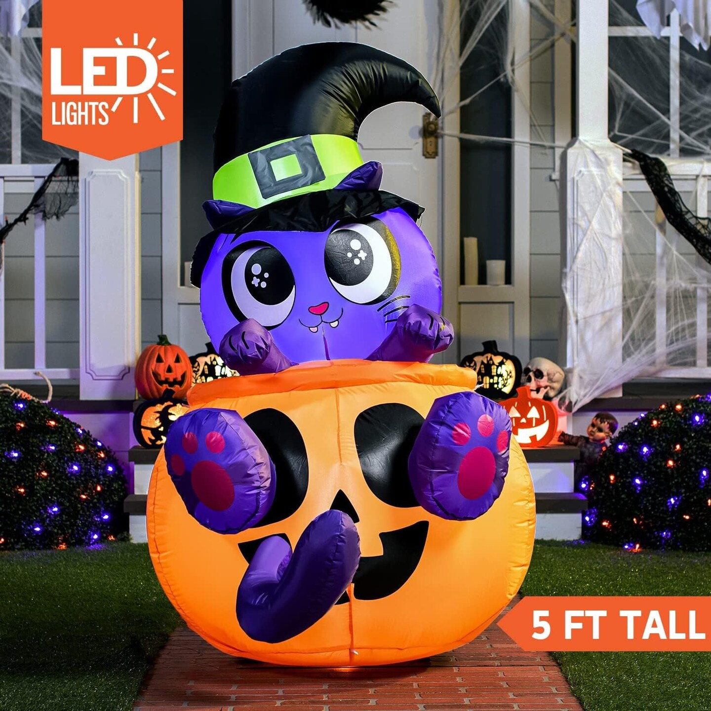 5 FT Tall Halloween Inflatables Outdoor Decorations, Witch&#x27;S Cat Inflatable Halloween Decor Outdoor, Halloween Inflatable Cat in Blow up Pumpkin with Leds for Cute Halloween Decoration