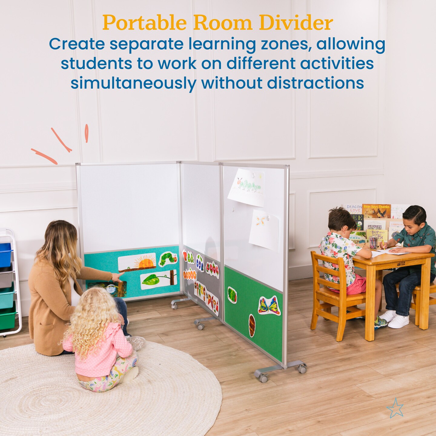 Mobile Dry-Erase and Flannel Split Room Divider, 3-Panel, School Supplies