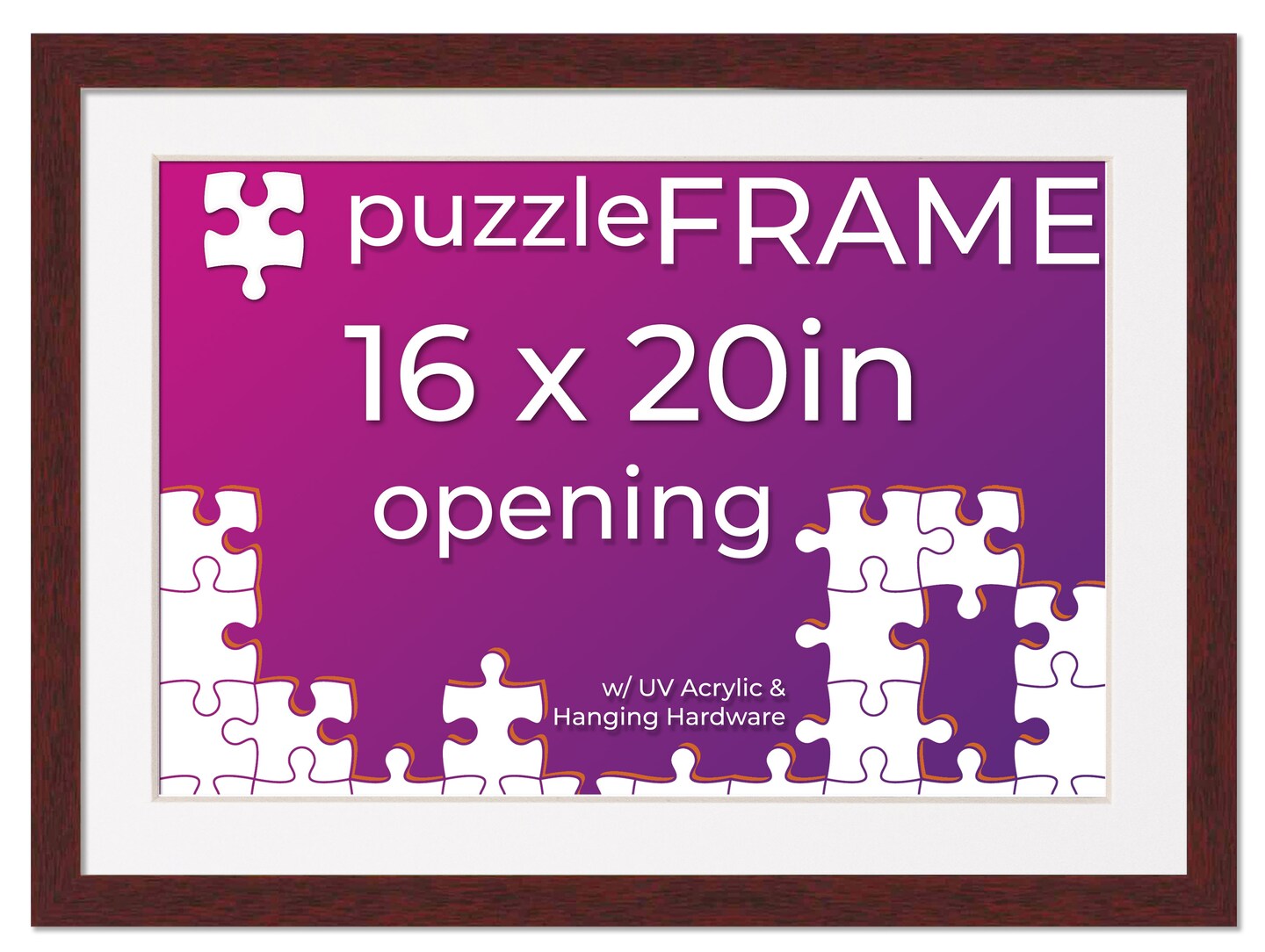 Brown Wood Puzzle Frame Kit with Glue Sheets, White Mat, Backing, UV Acrylic - Available in 20 Popular Sizes