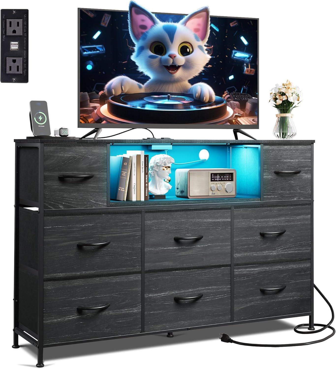 black dresser with led lights Garvee 8 Drawer Charging Station Modern Chest TV Stand Home Storage Drawer Cabinet For Versatile Room Placement For Bedroom Living Room in the Dressers department at creating a cozy and contemporary ambiance BEWISHOME Black Dresser for Bedroom
