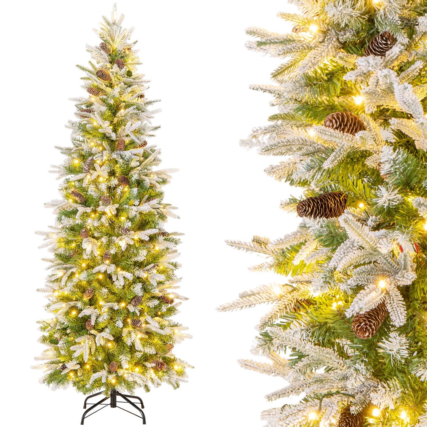 Costway 6/7.5/9 FT Flocked Christmas Tree with 671/913/1310 PE PVC Branch Tips 280/350/470 Warm White LED Lights