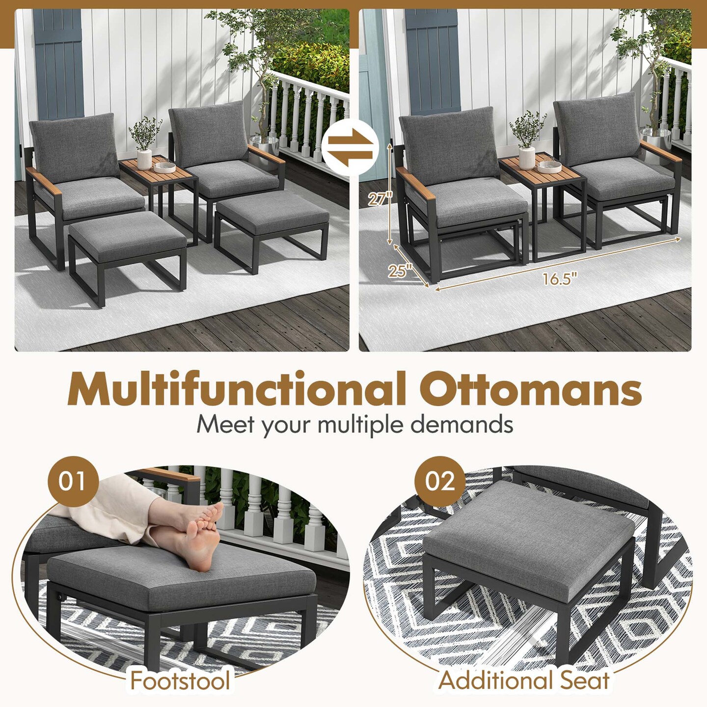 Costway 5 PCS Patio Furniture Set with Soft Cushions  Space Saving Design Aluminum Frame