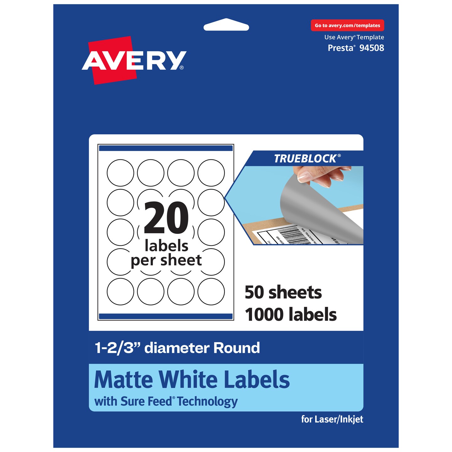 Avery TrueBlock Matte White Paper Labels,  1-2/3&#x22; diameter Round