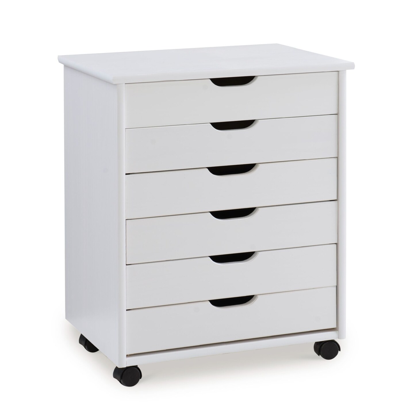 Contemporary Home Living 25.25” White Wide Rolling Storage Cabinet with 6 Drawer