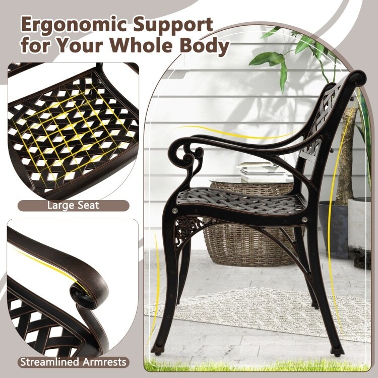 Cast Aluminum Patio Chairs Set Of 2 Dining Chairs With Armrests Diamond Pattern-Bronze