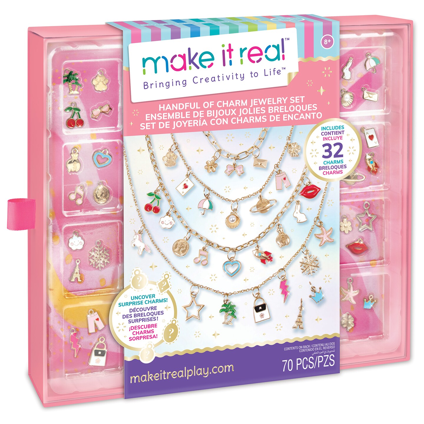 Make It Real: Handful of Charm - 70 pc DIY Jewelry Set, 4 Chain Lengths, Design &#x26; Create, Charm Necklace &#x26; Bracelet Craft Kit, Girls &#x26; Kids Age 8+