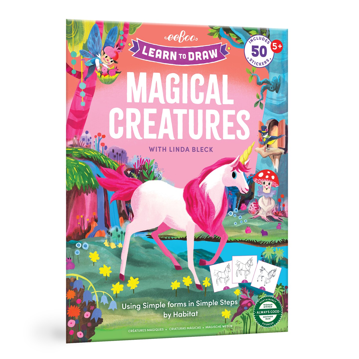 eeBoo: Learn to Draw - Magical Creatures - Drawing Guidebook, 50+ Stickers, Themed Step-By-Step Lessons, Simple Forms In Simple Steps, Kids Ages 5+